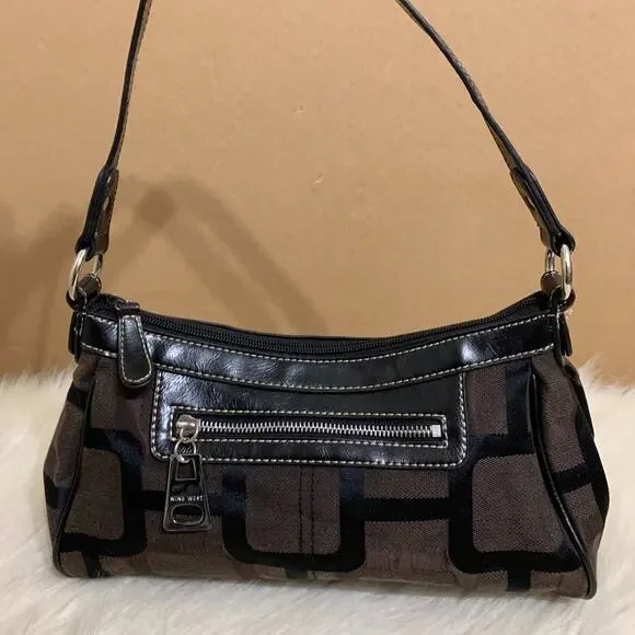 NINE WEST Vintage Y2K Dark Brown & Black Logo Pattern Canvas Hobo Shoulder Bag - Picture 10 of 10